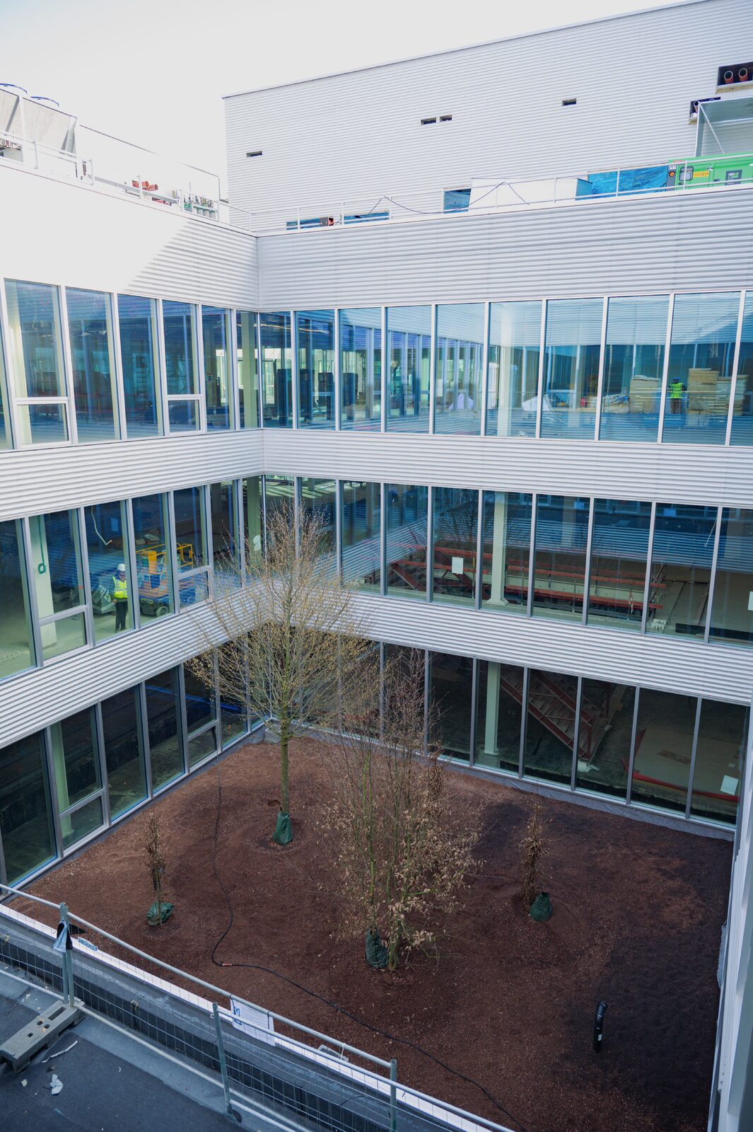 Vijf verzonken patio’s vormen het ruimtelijke hart van het nieuwe VRT-huis.